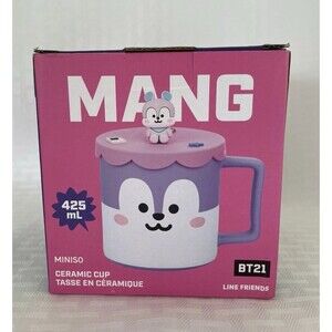 BT21 MANG Ceramic Mug Cup 425ml BTS Line Friends Miniso Pink Lid Topper Cover